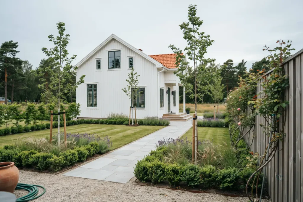 anl ggning av g ngar och planteringsytor vid villa i h llviken