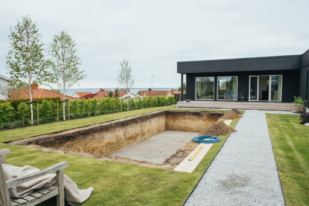 schaktning och f rberedande markarbete f r poolomr de i h llviken